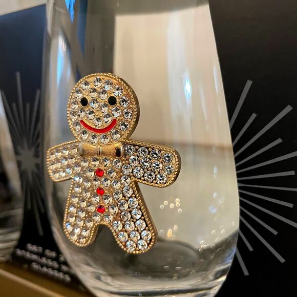 Christmas Jeweled GINGERBREAD Stemless Wine Glass Set of 2 Holiday Barware New - Picture 5 of 11